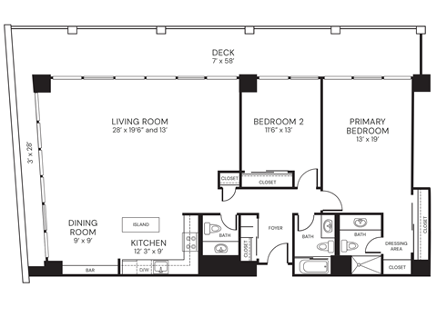 Floor plan for 2 beds, 2.5 baths, 1440 sqft